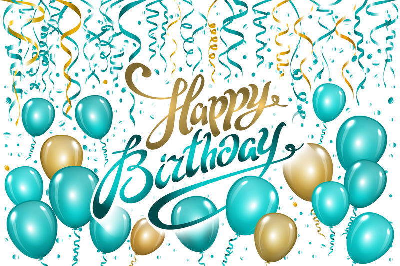 气球黑色生日快乐。金蓝色的气球闪耀着节日的背景。生日快乐给你的标志、卡片、横幅、网页、设计。生日快乐，新年贺卡。金透明气球