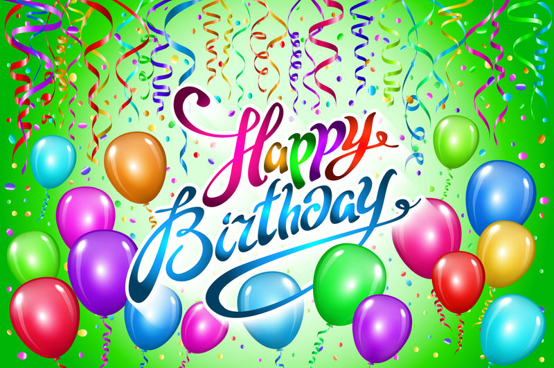 生日快乐印刷矢量设计贺卡和海报，彩色气球，绿色背景