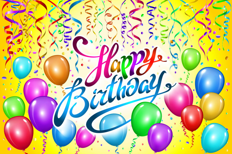生日快乐印刷矢量设计贺卡和海报彩色气球，黄色背景