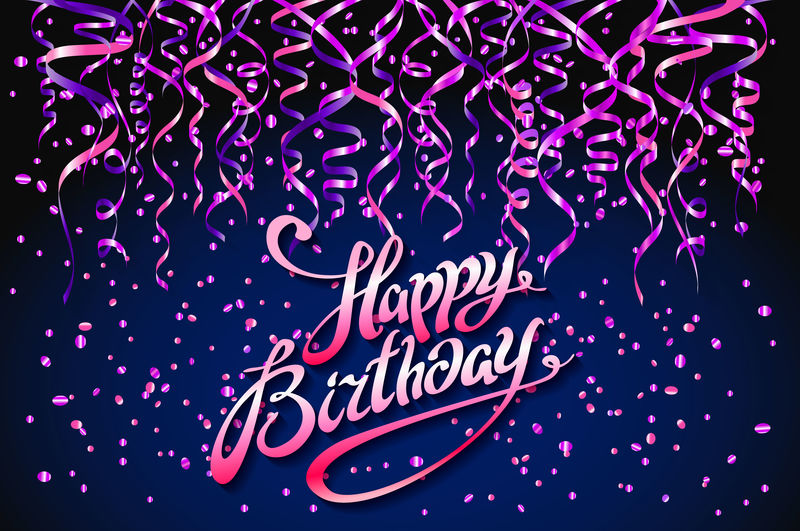 概念派对在深蓝色背景上俯视生日快乐粉红紫色彩纸矢量