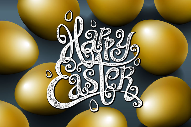 贺卡，手写的短语。贺卡文字模板与金蛋漂亮的邀请背景。复活节快乐字母现代书法风格。矢量