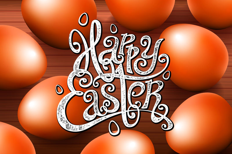 贺卡，手写的短语。贺卡文本模板与橙色鸡蛋漂亮的邀请背景。复活节快乐字母现代书法风格。矢量