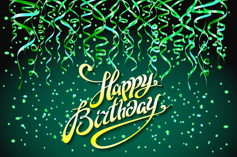 概念派对绿色背景顶视图生日快乐彩纸矢量-现代平面设计风格