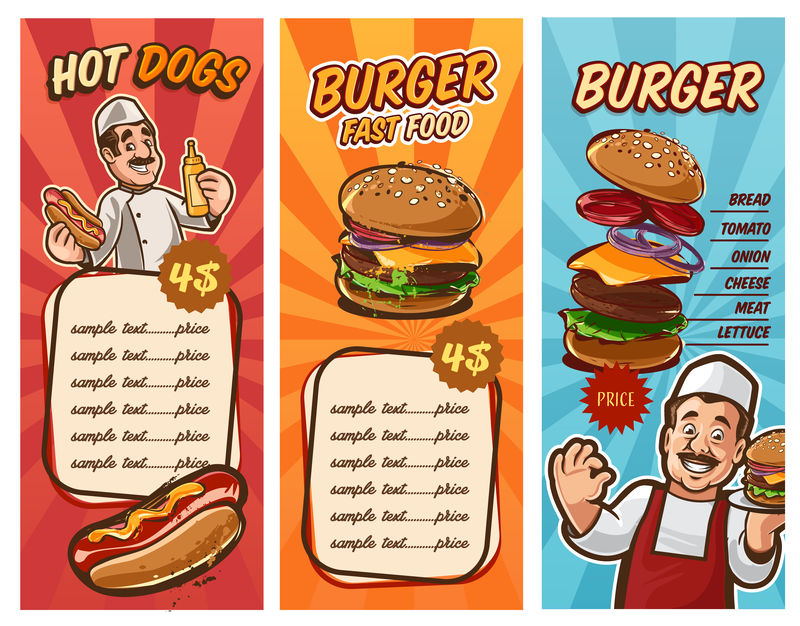 带有奶酪汉堡插图和创意背景的快餐横幅或海报
