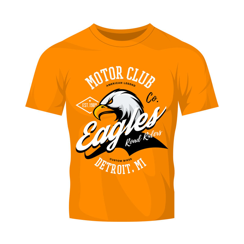复古美国鹰定制自行车电机俱乐部T恤矢量设计隔离在橙色T恤上-底特律街穿T恤标志-优质野鸟优质标志概念插图