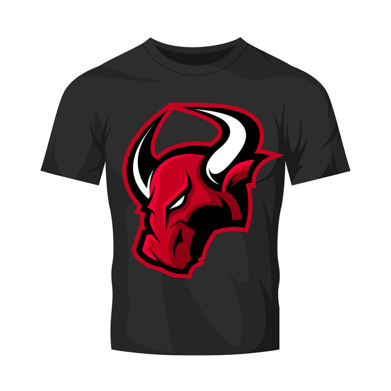 红色狂暴的牛头运动矢量标识概念孤立于黑色T恤模型-专业团队徽章设计-优质野生动物T恤T恤印花插图