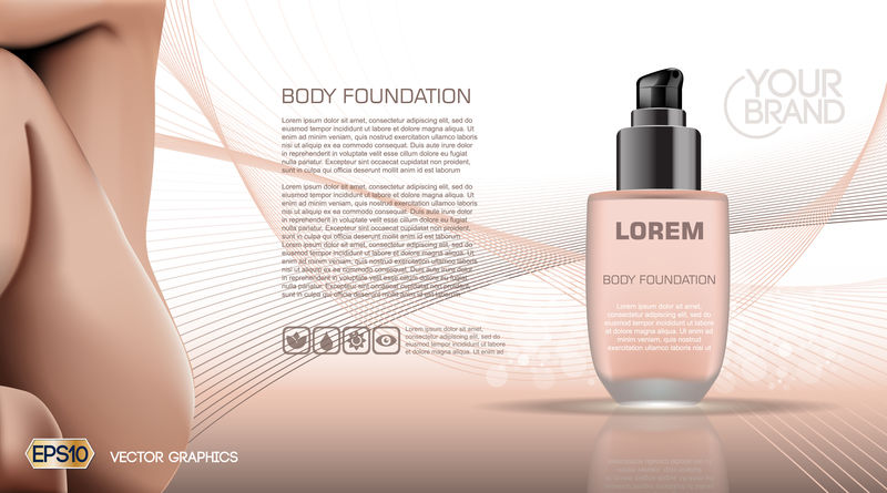护肤美容身体基础。润肤乳液化妆品广告模板。模拟3D现实女性插图。柔和的裸体颜色