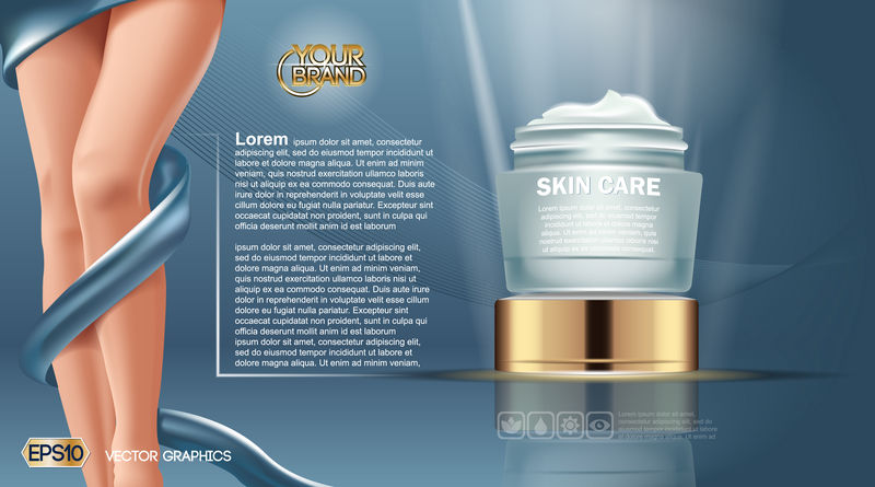 护肤美容身体基础。润肤乳液化妆品广告模板。模拟3D现实女性轮廓图。蓝色