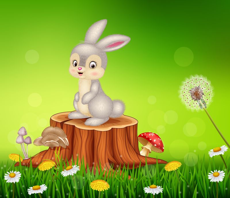 可爱的小兔子坐在树桩上