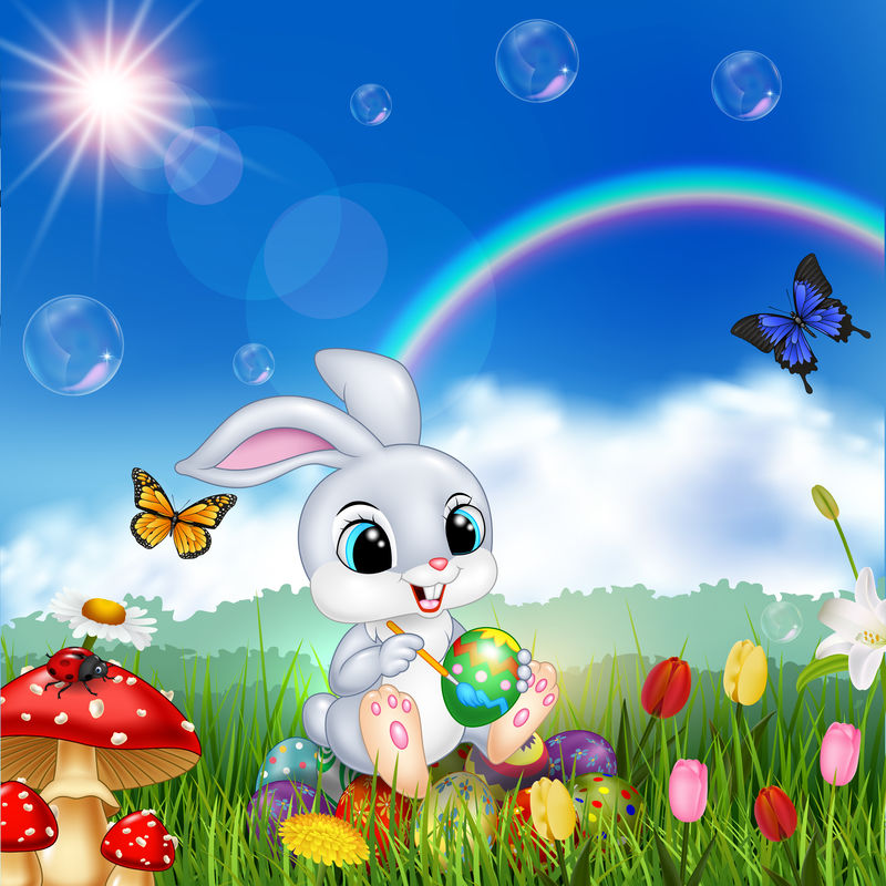 卡通兔子用自然背景装饰复活节彩蛋
