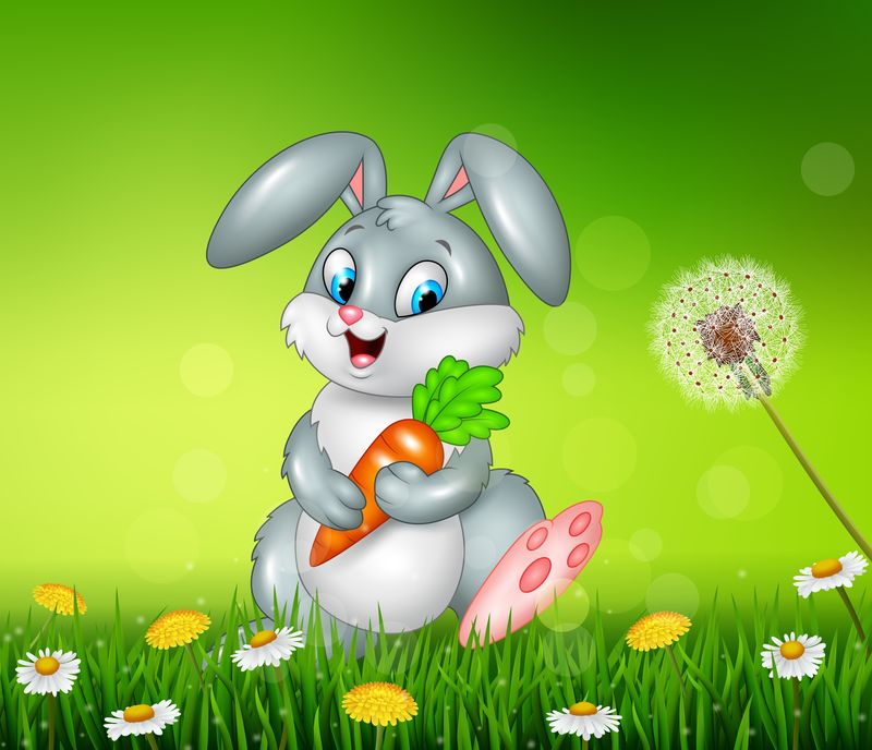 小兔子在草地上拿着胡萝卜