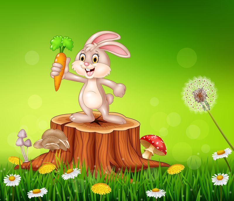 夏季背景下-可爱的小兔子拿着胡萝卜在树桩上