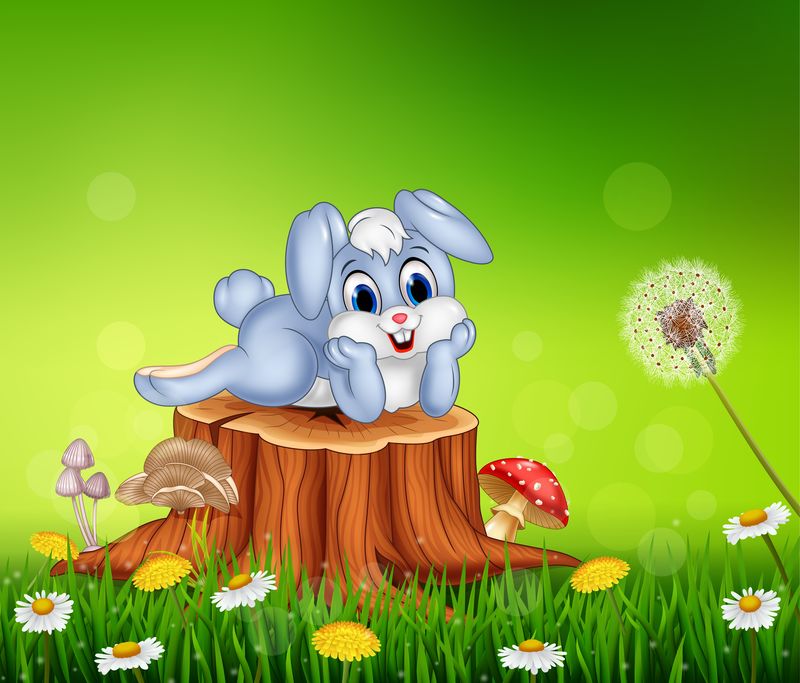 夏日背景下树桩上可爱的小兔子
