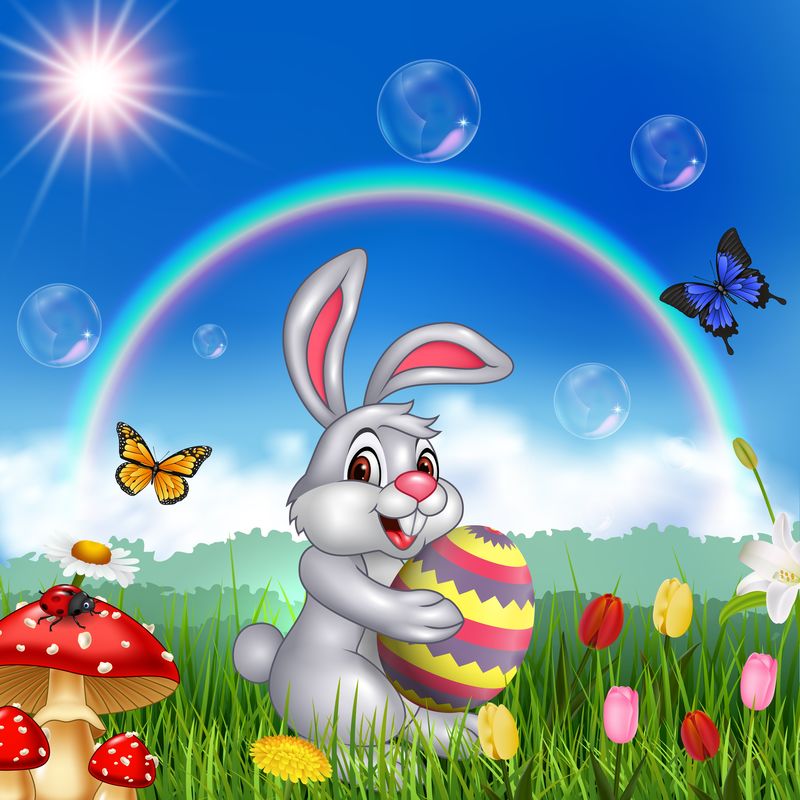 快乐的小兔子拿着复活节彩蛋