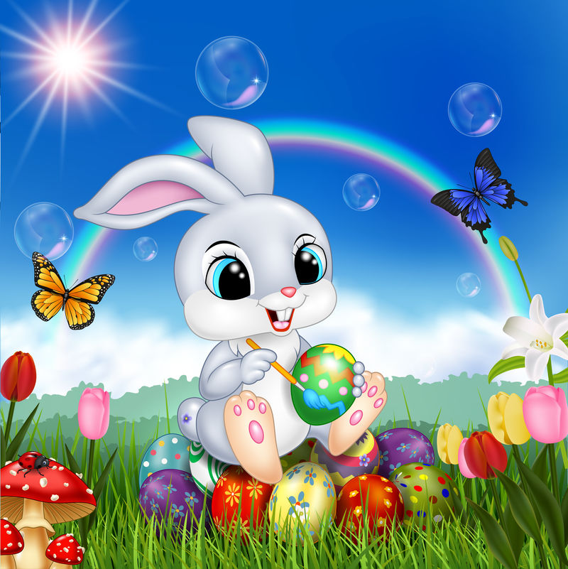 装饰复活节彩蛋的卡通兔子