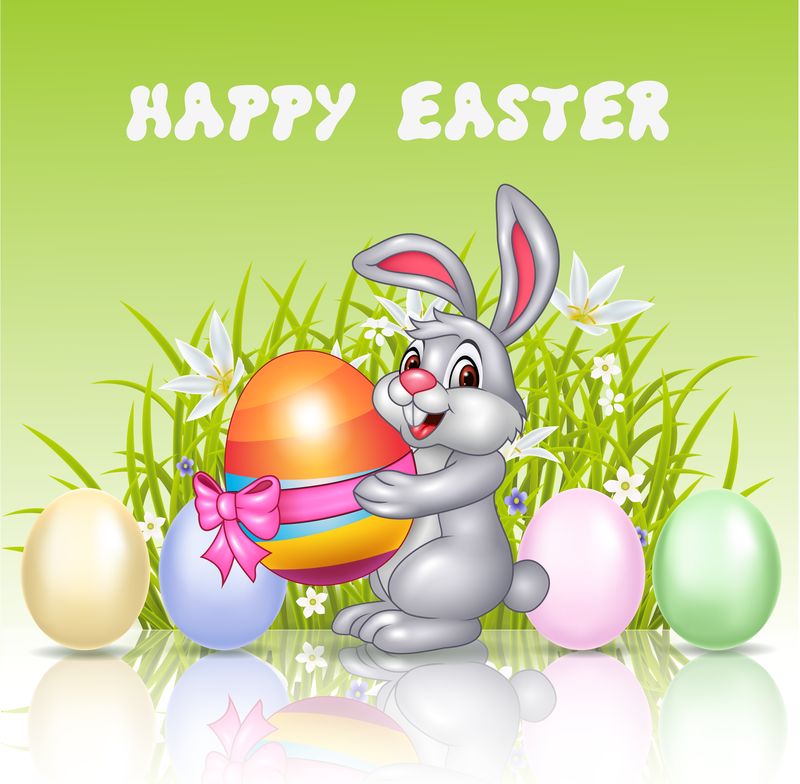 拿着复活节彩蛋的快乐卡通兔子