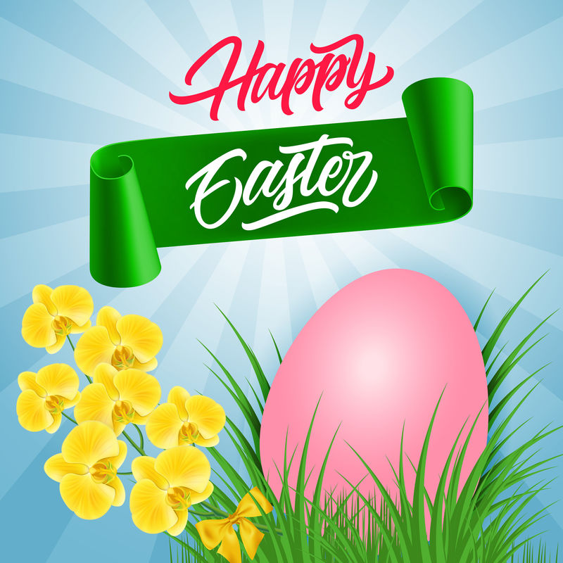 复活节快乐字母、兰花和鸡蛋