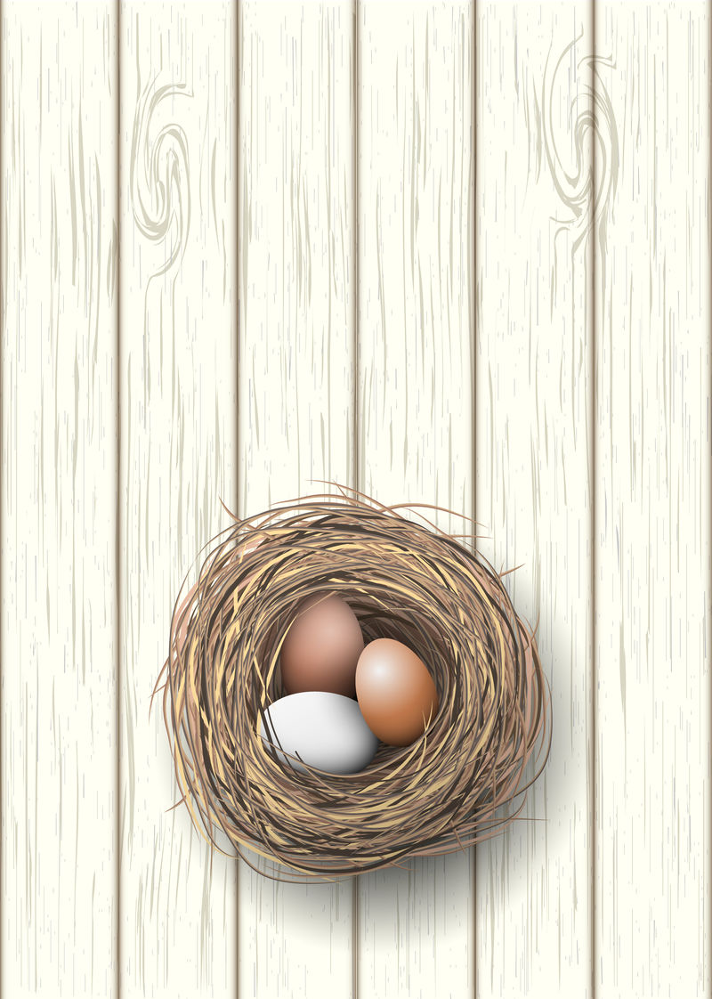 白木桌上有天然鸡蛋的巢，插图