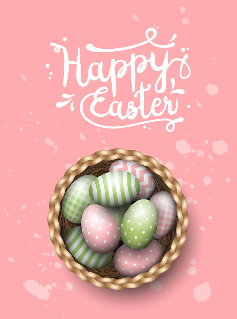 粉红斑点背景彩绘复活节彩蛋篮子，插图