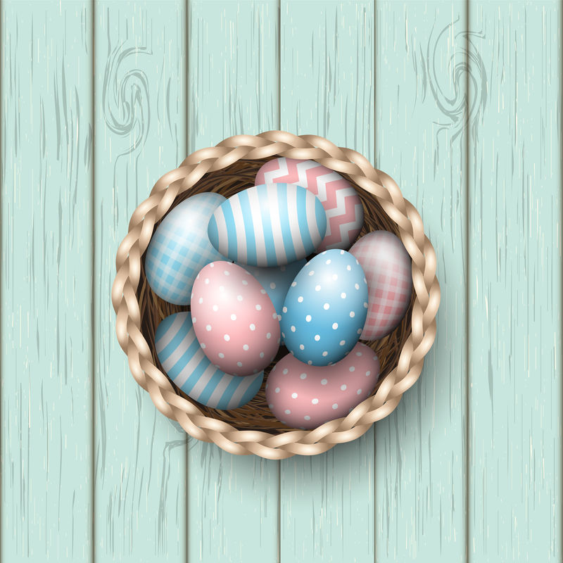 蓝木背景彩绘复活节彩蛋篮子，插图