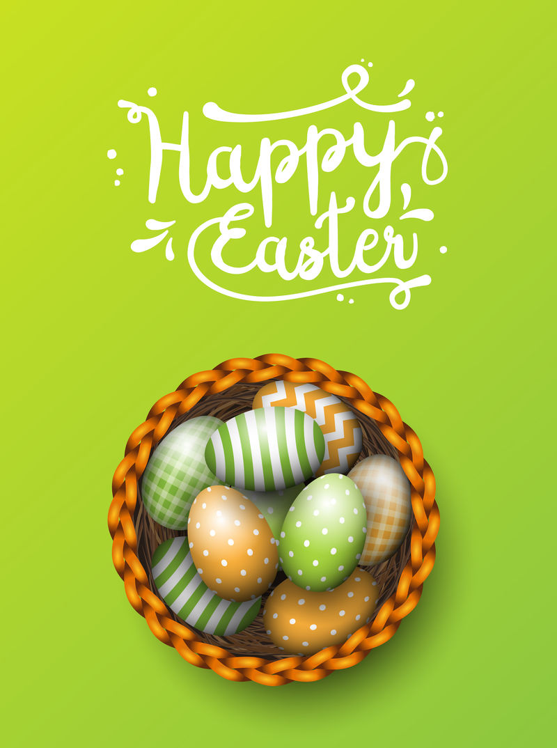 绿色背景彩绘复活节彩蛋篮子，插图