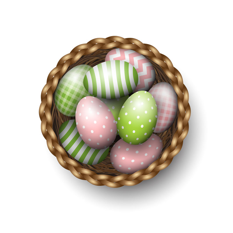 白色背景彩绘复活节彩蛋篮子，插图