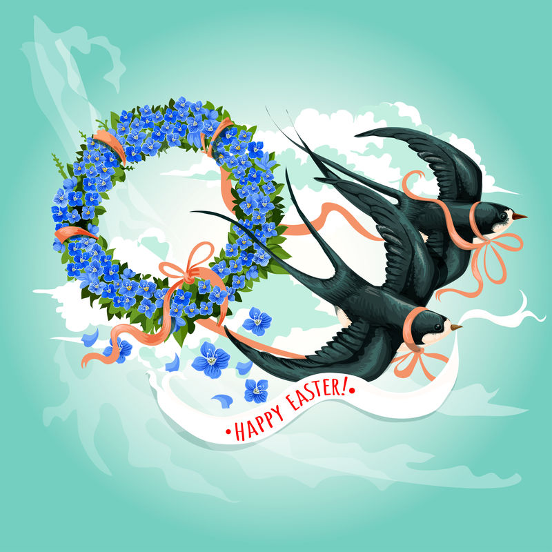 带花环的复活节燕子卡片设计