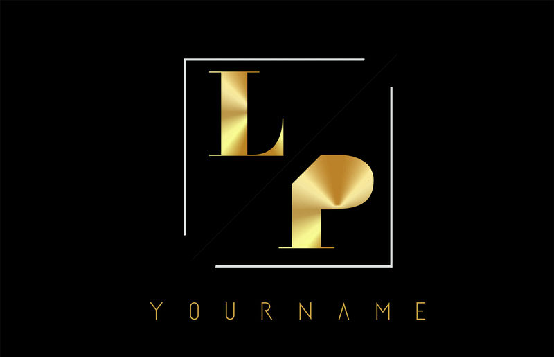 LP金色字母标志，带切割和交叉设计