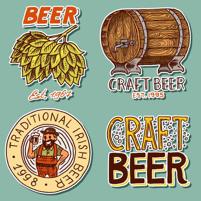 复古啤酒桶-巴伐利亚人-绿色啤酒花-干杯吐司-带有书法元素的酒精标签和贴纸-复古的美国海报横幅框架-手绘雕刻草图