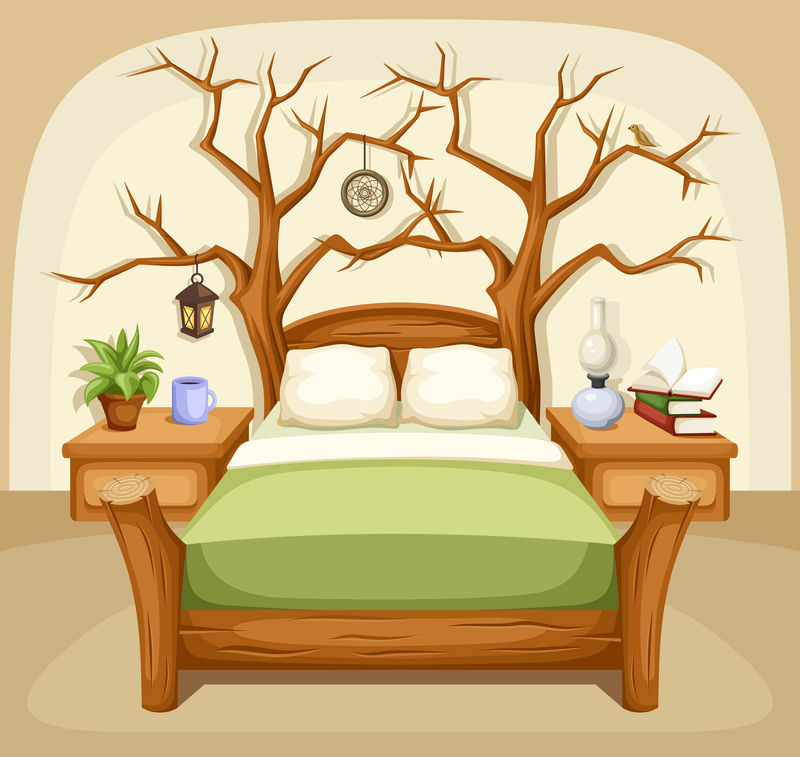 图描绘了一个有床和树的梦幻卧室内部图片,房间,卧室,矢量,床,卡通