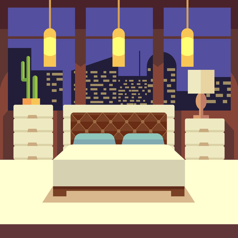 卧室内部采用平面设计风格。矢量图解