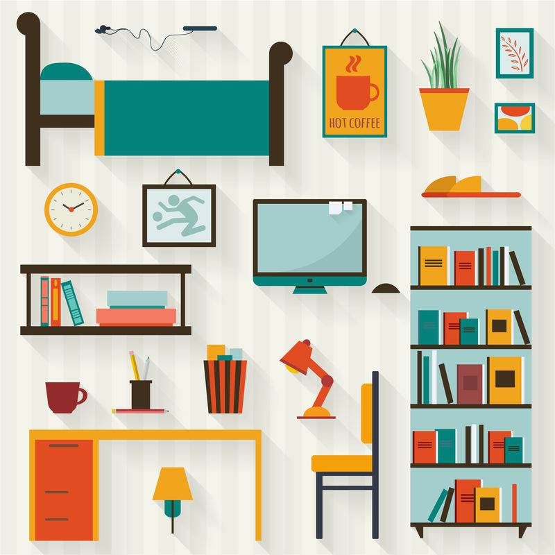 带家具图标套件的单人年轻人或青少年室内-平面式矢量图