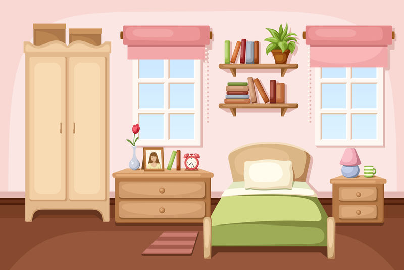 一套可爱多彩的矢量室内设计房间类型图标