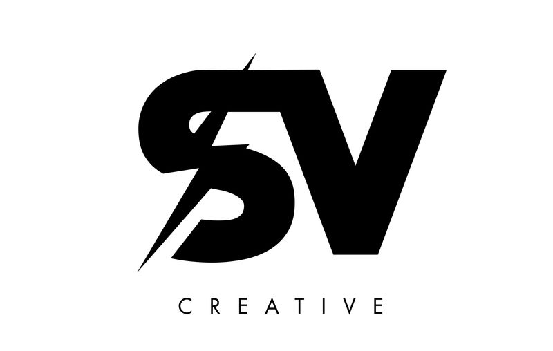 SV字母标志设计,带雷电螺栓。电动螺栓