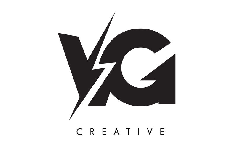 VG字母标志设计，带雷电螺栓。电动螺栓