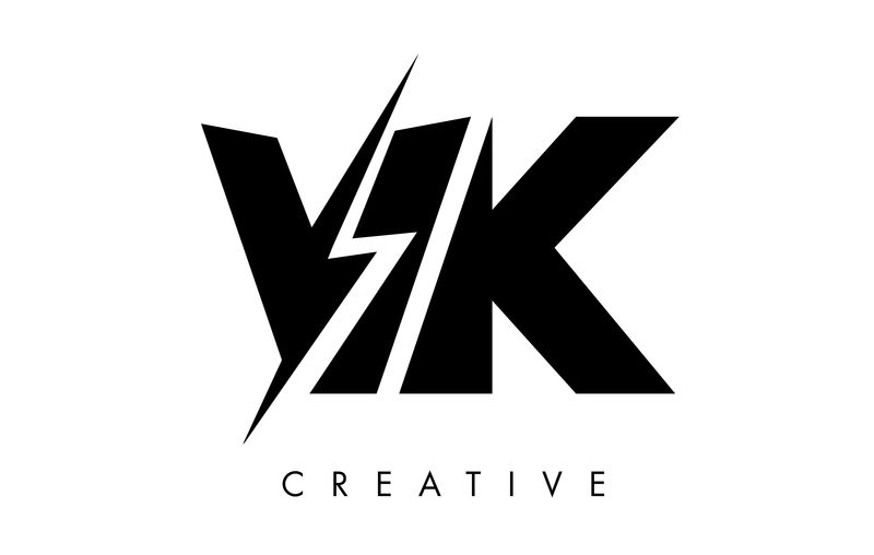 带有雷电螺栓的VK字母标志设计。电动螺栓