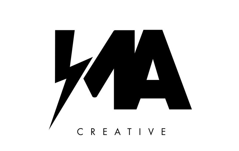 带有闪电闪电的MA字母标志设计。电动螺栓