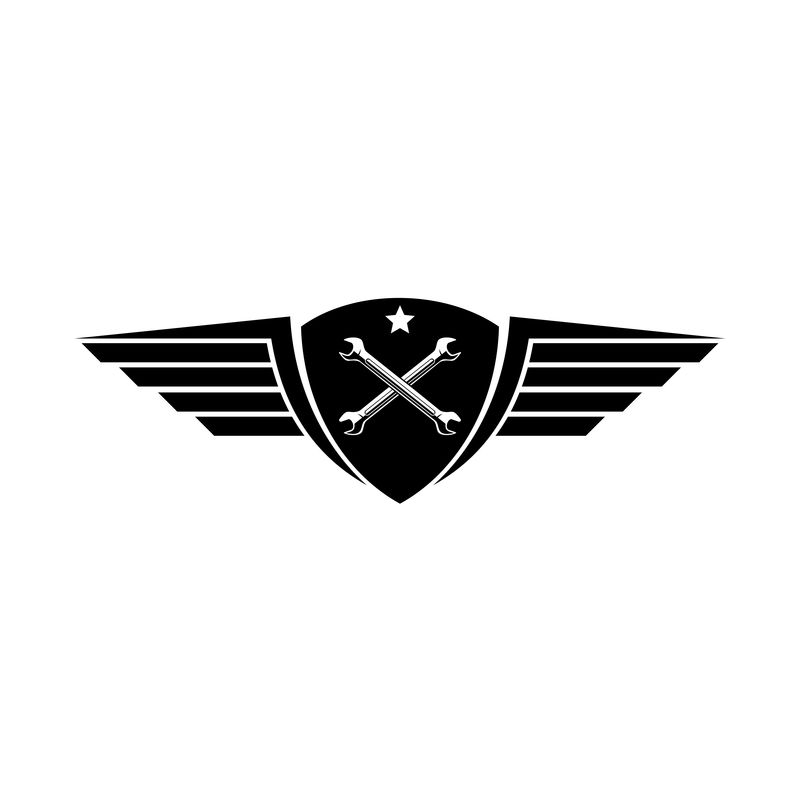 车间徽标的黑白插图-十字键星星和文字的翅膀