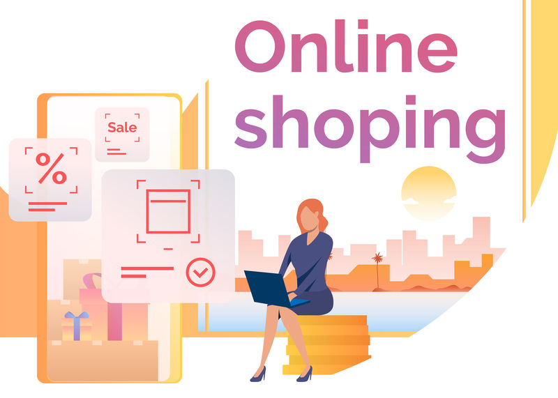 女士坐在硬币堆上,在笔记本电脑上购物