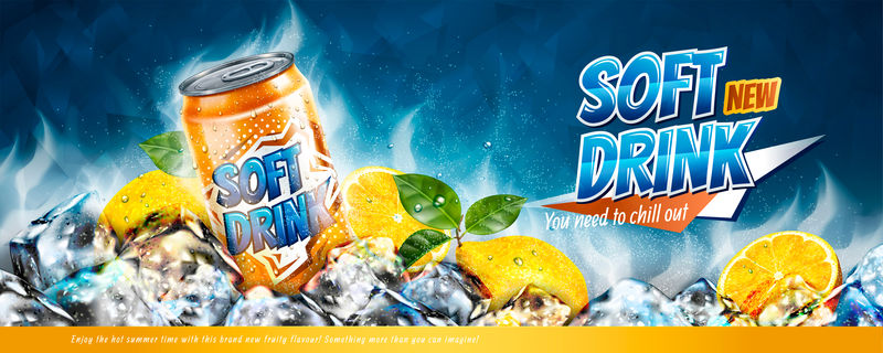 软饮料横幅广告与冰块和柑橘元素的三维插图