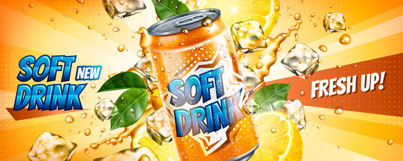 软饮料横幅广告与冰块和柑橘元素的三维插图
