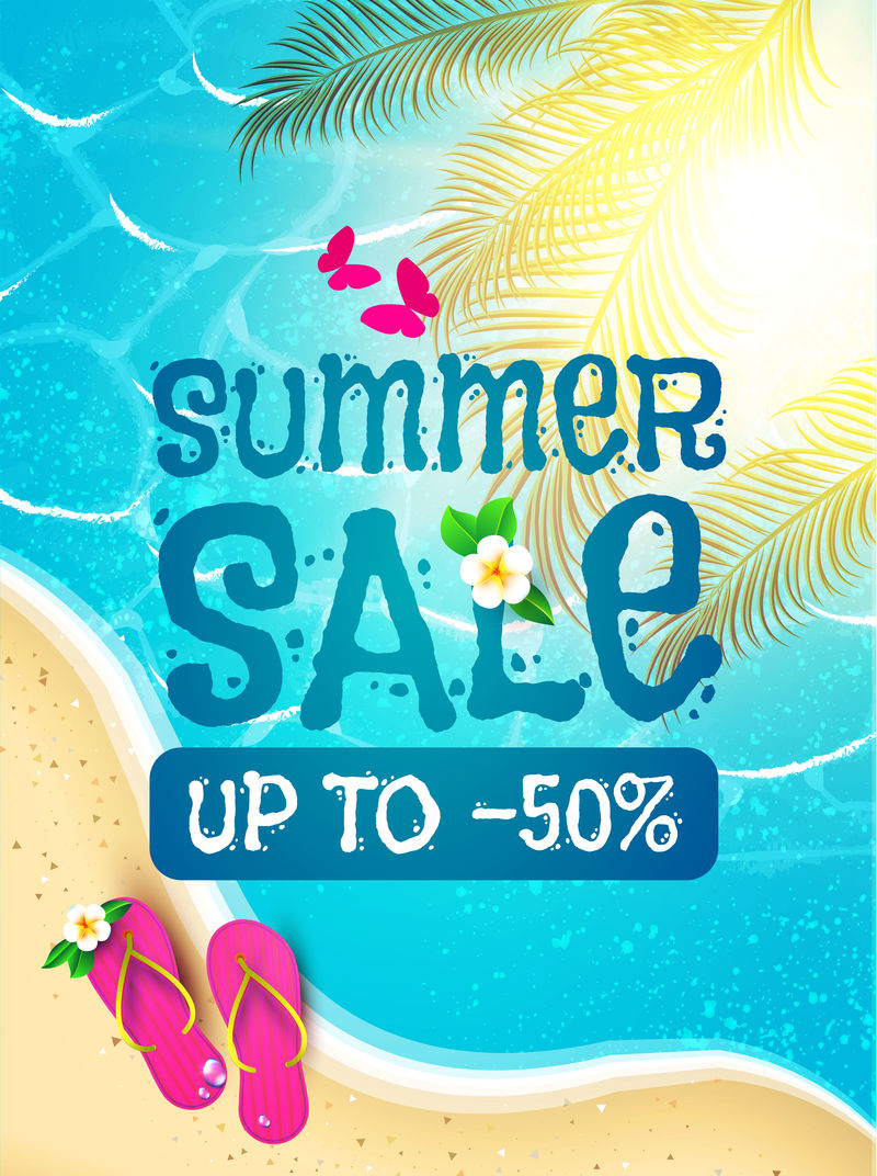 夏季销售背景。阳光海滩，温暖的大海，拖鞋和棕榈叶。NIVE度假设计。