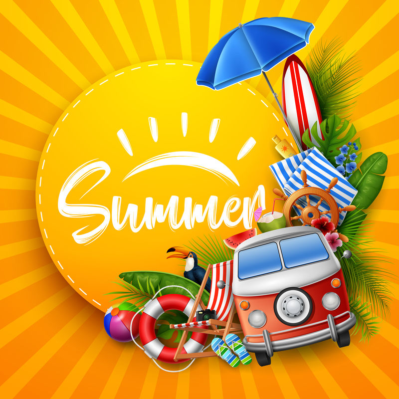 你好-夏天-树叶是热带的-圆纸-横幅-海报-木质背景