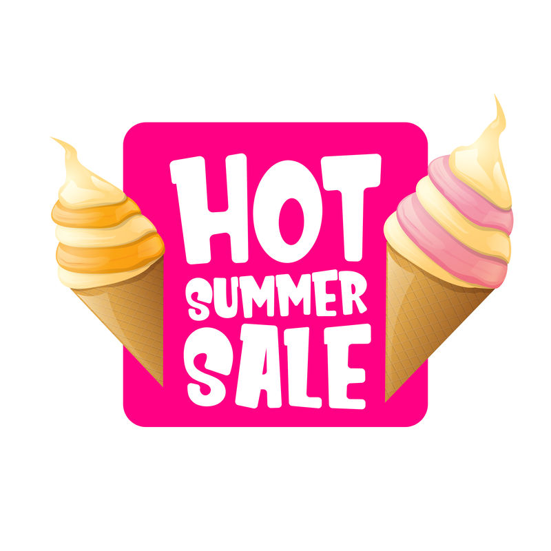 夏季热销的标签或标签上有融化的冰淇淋。矢量热夏季销售粉红横幅或图标。