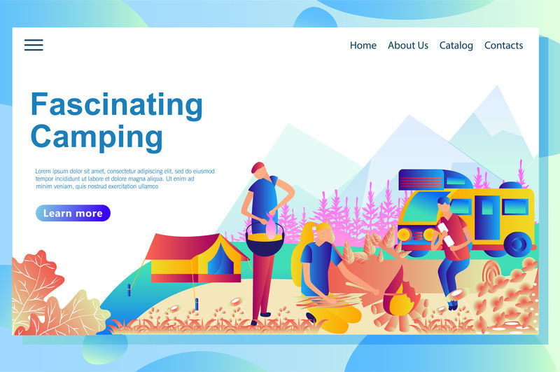 露营网页设计模板。卡通人物在公园里一起休息。