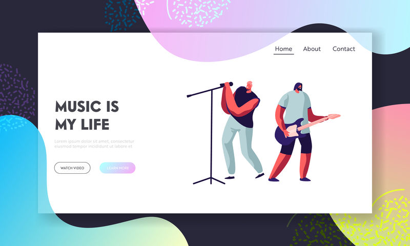 摇滚乐队在舞台上表演。电吉他手和歌手演唱会。穿着摇滚服装、音乐表演的男艺术家。网站登陆页，网页。卡通平面矢量插图，横幅