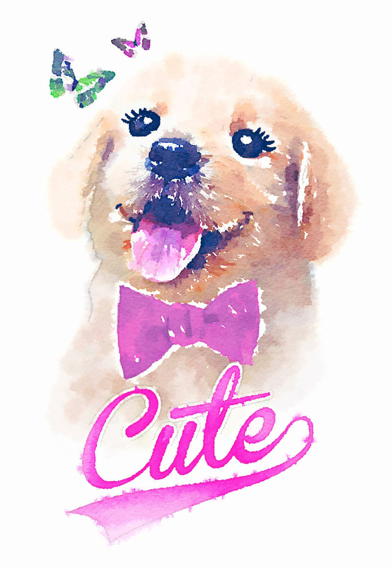 带蝴蝶的金毛猎犬/金毛猎犬肖像/我画了水彩的图片/动物收藏：狗/T恤图案/儿童插图/可爱的狗/狗图案