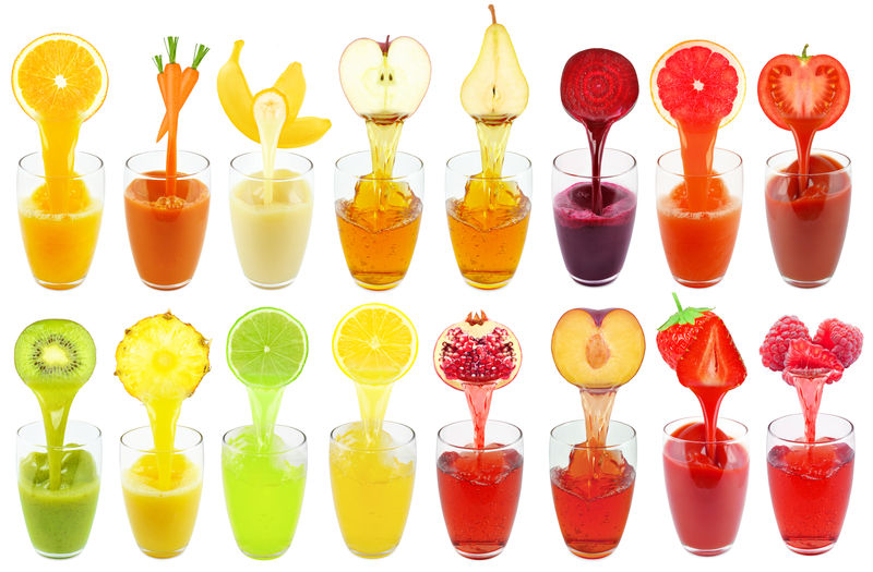 不同颜色的新鲜果汁蔬菜和水果