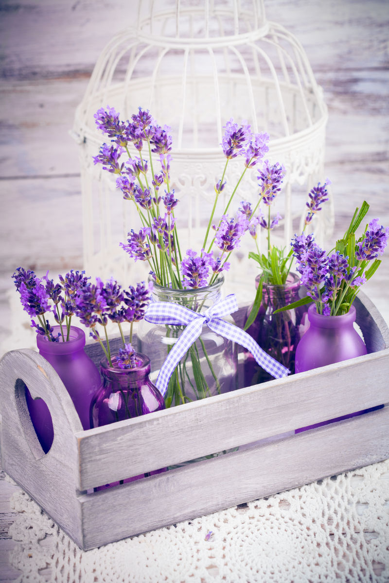 薰衣草瓶-装饰物风格-木箱和鸟笼钩针台布