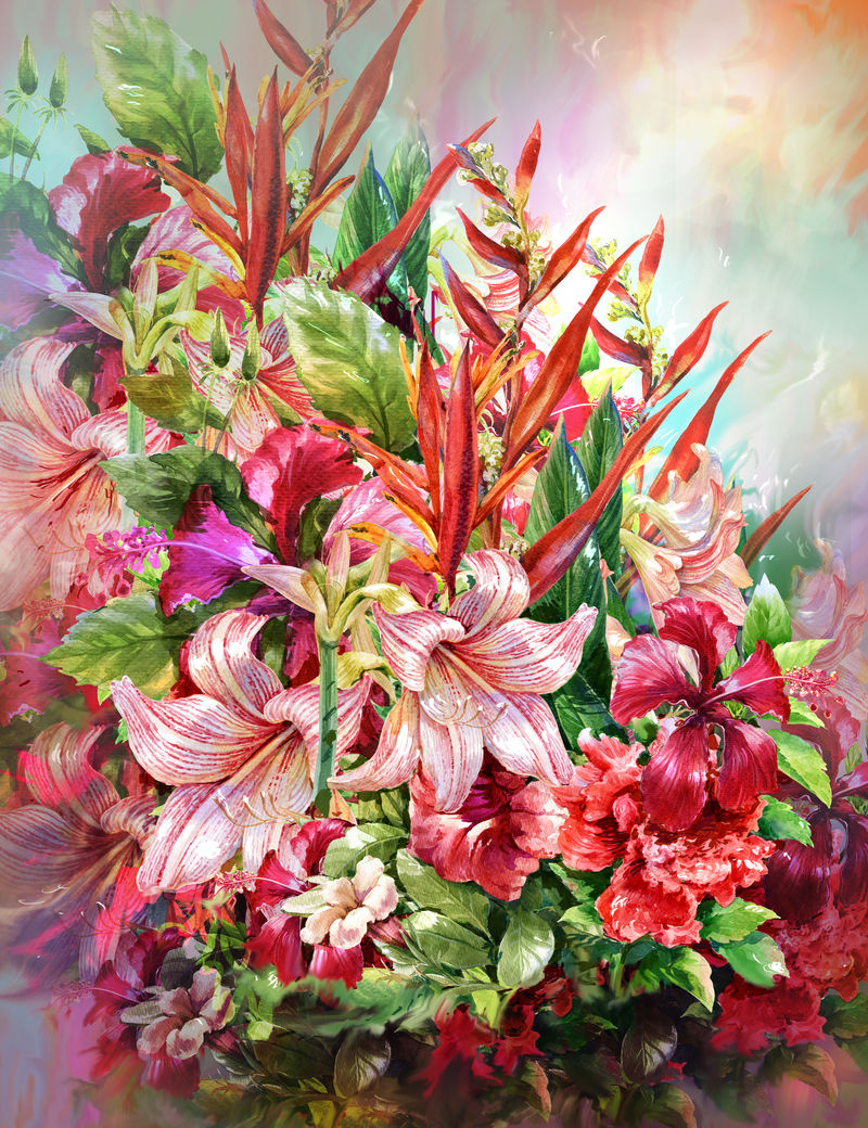 五彩花束水彩绘画风格.数码绘画